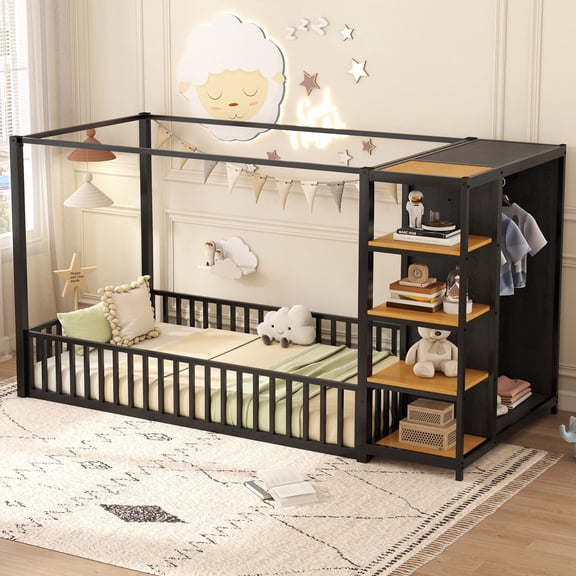 Bellemave Twin Size Floor Bed with Wardrobe Metal Floor Canopy Bed with Guardrails and Storage Shelves Montessori Bed for Toddler Kids Boys Girls (Twin, Black)