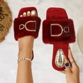 thumbnail image 2 of Women's Faux Fleece Memory Foam House Slippers with Metal Decoration, Square Open Toe Slides, Plush Flat Indoor Outdoor Footwear Wine-A, 2 of 9