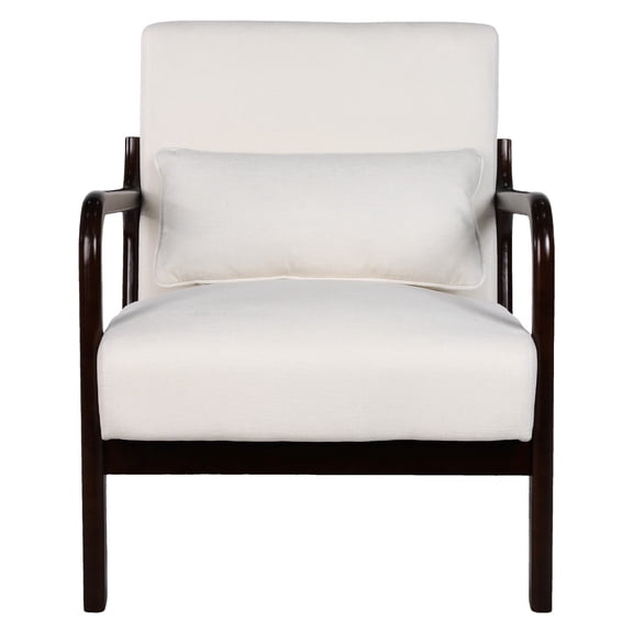 Mid Century Modern Armchair Accent Chair with Solid Rubberwood Frame & Detachable Lumbar Pillow, Upholstered Living Room Bedroom Office Reading Chair, Beige