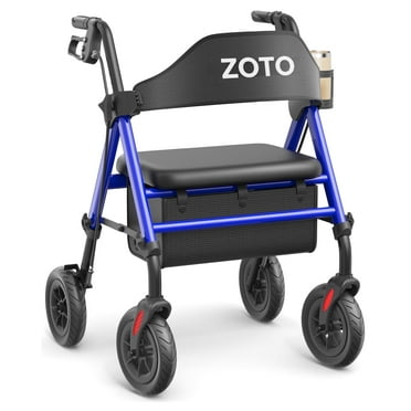 ZOTO Foldable Rollator Walker with Seat & Backrest - Lightweight Rolling Mobility Aid for Seniors - Adjustable Height, Blue (VRW410-BL)