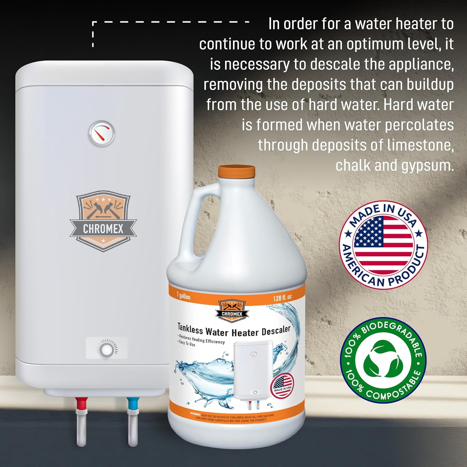 Chromex Tankless Water Heater Descaling Solution, Highly Effective Descaler, 4 Gallon Value Pack