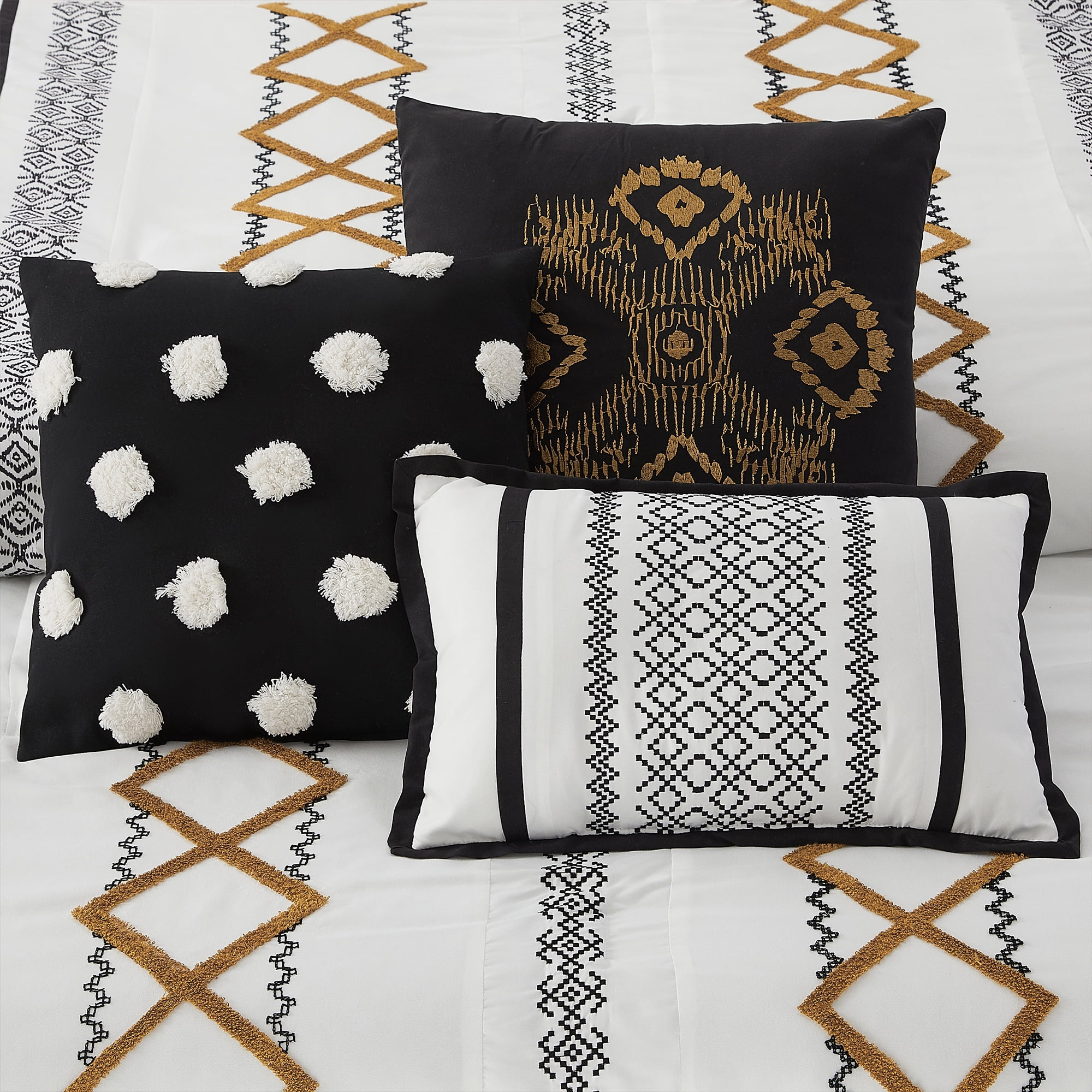 Lanco Luxury Black Gold Comforter Set Queen Size , 7 Piece Terry embroidery, All Season Bedding Set