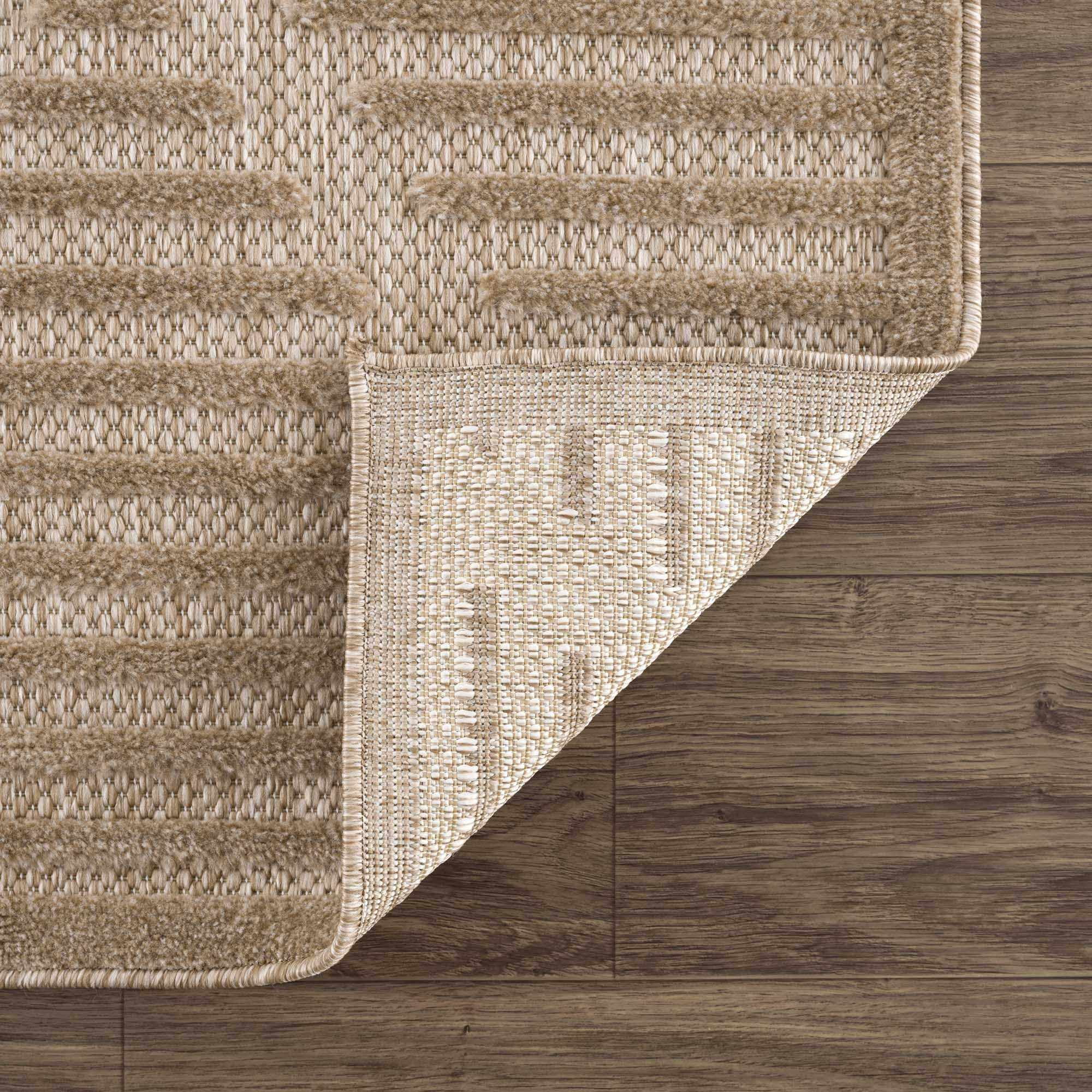 BoutiqueRugs Anah Geometric Indoor Outdoor Rug - Boho High Low Textured Area Rug - Performance Carpet for Patio, Living Room - High Traffic - Tan, Brown, Dark Beige - 6'7" x 9' (6x9)