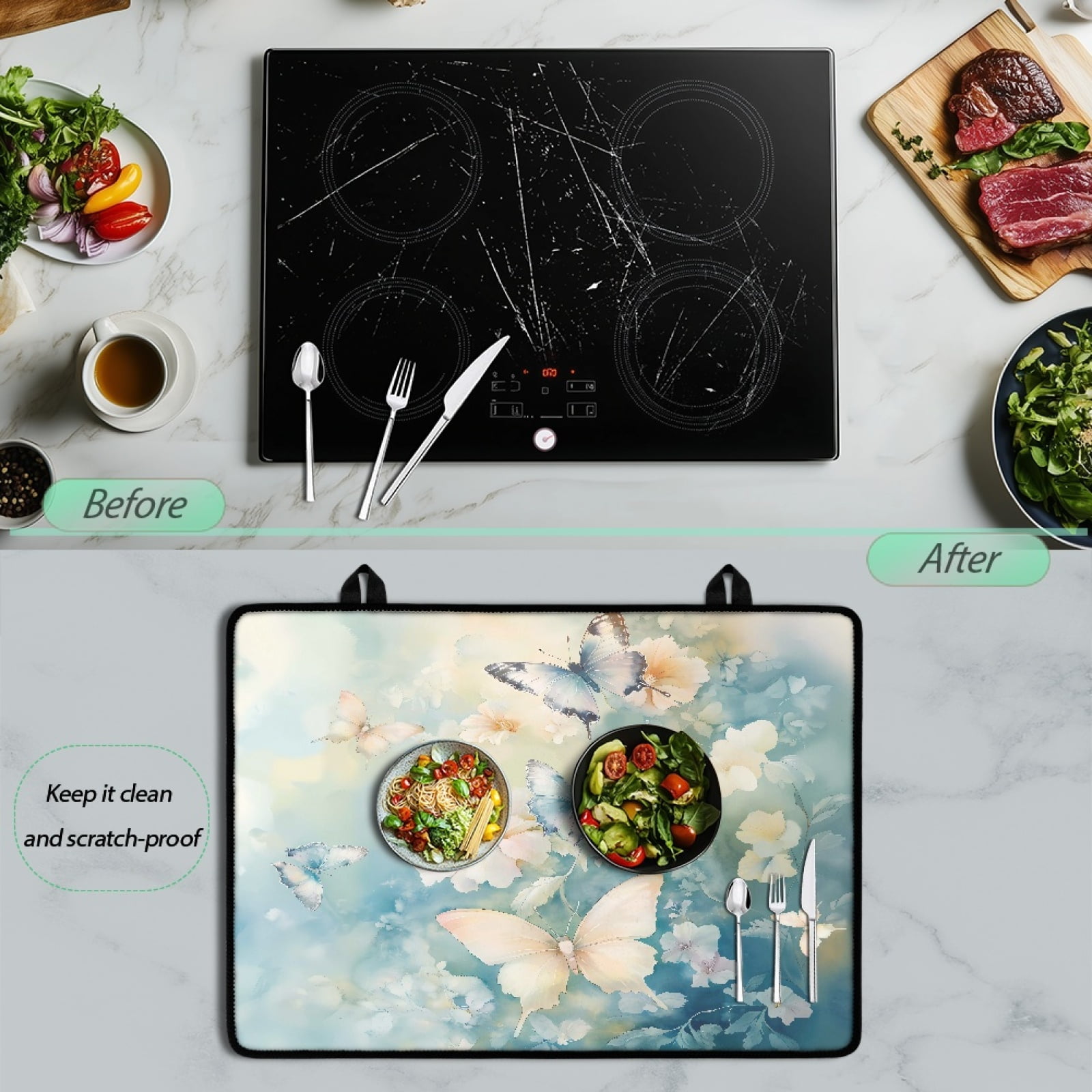 Renewold Ceramic Glass Stove Top Cover Stove Mat Stove Burner Cover Multipurpose Rubber Desk Saver Pad Washer Dryer Top Cover Range Cover for Counter Top, Butterfly Flower Blue
