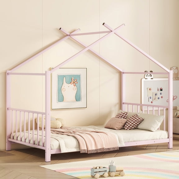 Kumix Twin Size House Floor Bed, Metal Floor Bed with Fence and Roof, House Bed for Teens, Playhouse Twin Bed Frame for Girls, Boys, Pink(Without Slats)