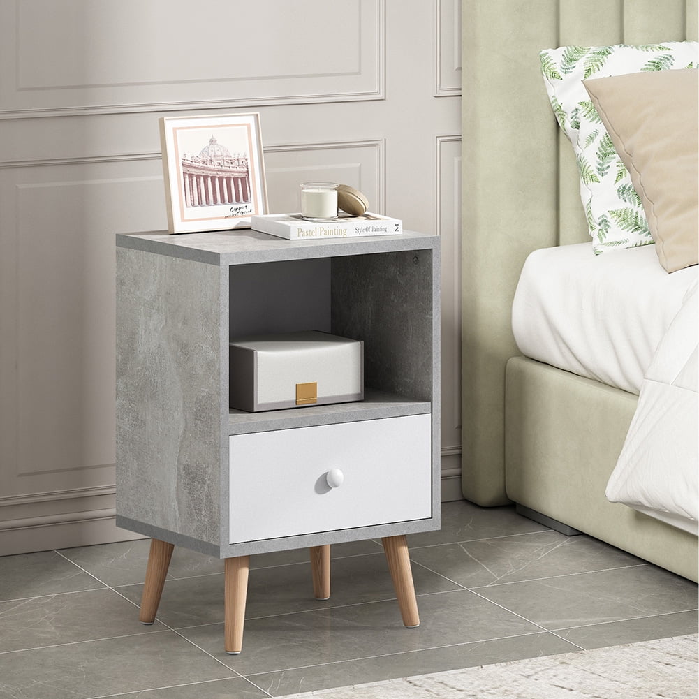 Kepooman Set of 2 Nightstands, End Table with Wood Storage Drawer and Open Wood Shelf, Bedside Furniture, Side Table for Bedroom, Dorm, Easy Assembly, Gray + White Kepooman Set of 2 Nightstands, End Table with Wood Storage Drawer and Open Wood Shelf, Bedside Furniture, Side Table for Bedroom, Dorm, Easy Assembly, Gray + White
