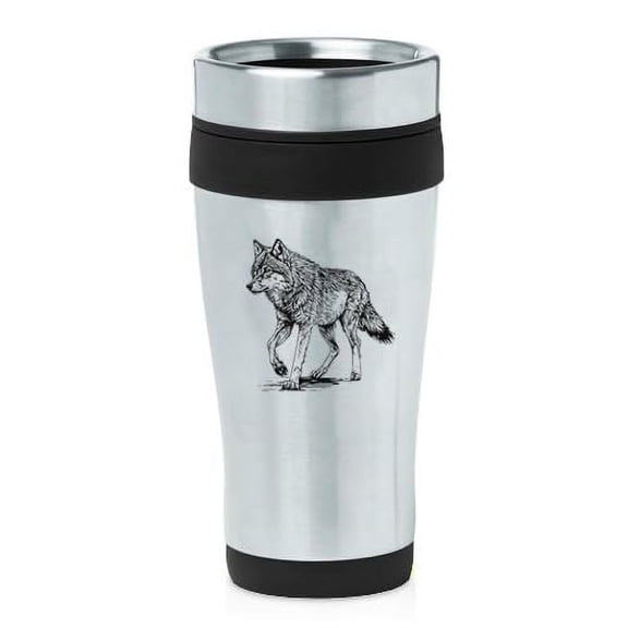 16oz Insulated Stainless Steel Travel Mug Coffee Mug Tumbler Wolf (Black)