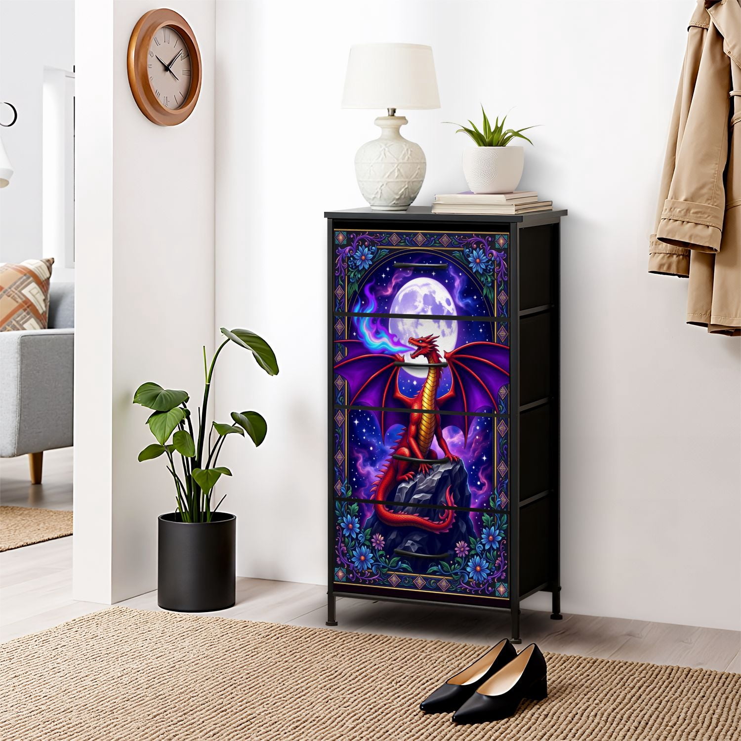Gothic Dresser for Bedroom with 4 Storage Drawers Majestic Red Dragon Purple Fire Full Moon Ornate Floral Frame Dressers Chest of Drawers Steel Framed Fabric Closet Organizers for Dorm Entryway