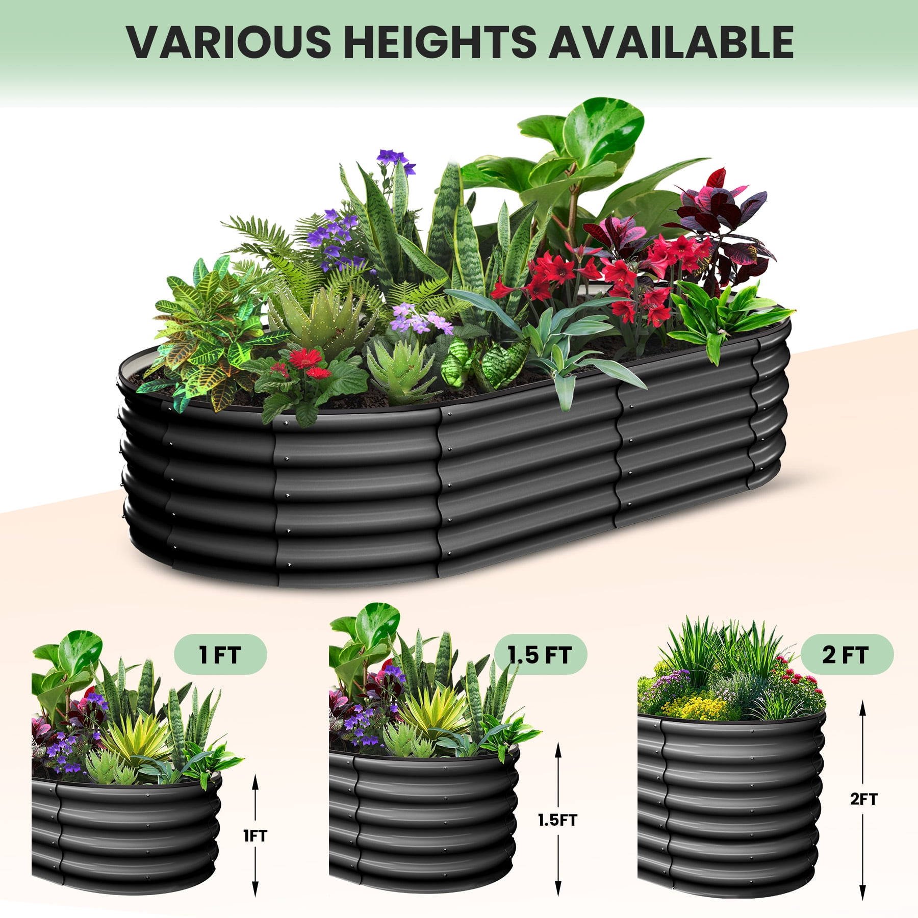 Heavy Duty Metal Raised Garden Bed – 8x2x1FT Oval Planter Box for Outdoor Vegetable, Flower, Herb Gardening, for Garden & Backyard & Patio, Dark Gray