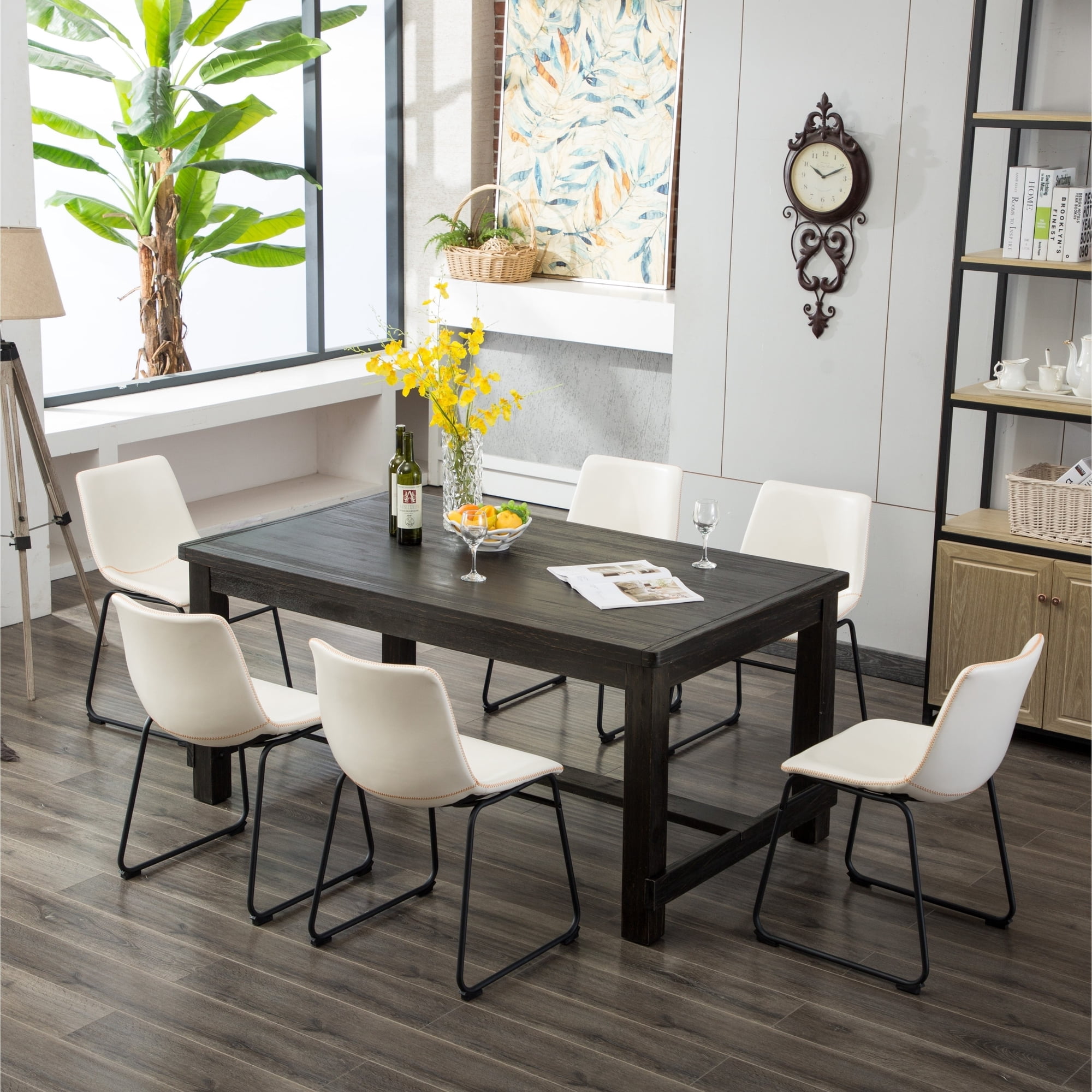 Bed Bath & Beyond Roundhill Furniture Lotusville 7-piece Black Dining Table and Faux Leather Chairs Set White