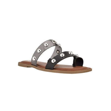 

GBG Womens Black Double Band Logo Studded Ritsa Square Toe Slip On Slide Sandals 7.5 M