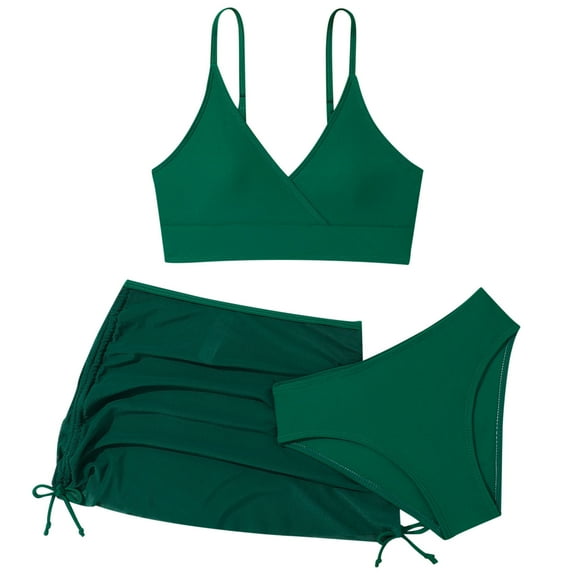 MIASHUI Girls Swimsuits 3 Piece Tankini Bathing Suit Set Bikini Swimwear with Cover Ups Beach Skirt,Dark Green,11-12 Years
