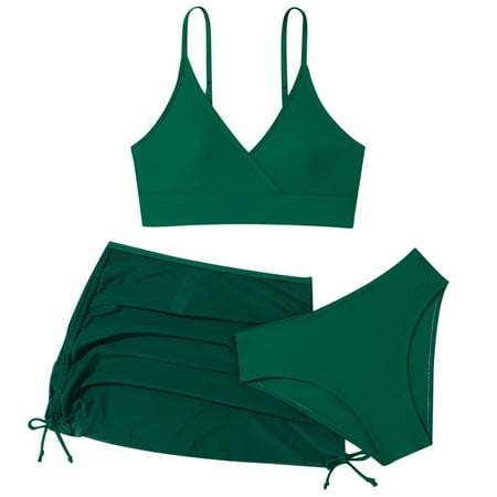 Hwmodou Girls 3 Piece Plain Swimsuit Wrap Bikini With Ruched Cover Up Skirt Set Beach Seaside Swim Wear 11-12Y