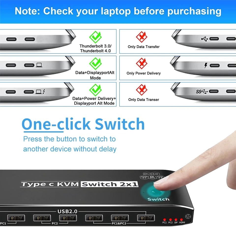 AUBEAMTO 2x1 8K Thunderbolt 4 USB C KVM Switch RJ45 100W PD Charge 4K 144Hz Type C KVM Switch Switcher for 2 Computer 1 Monitor