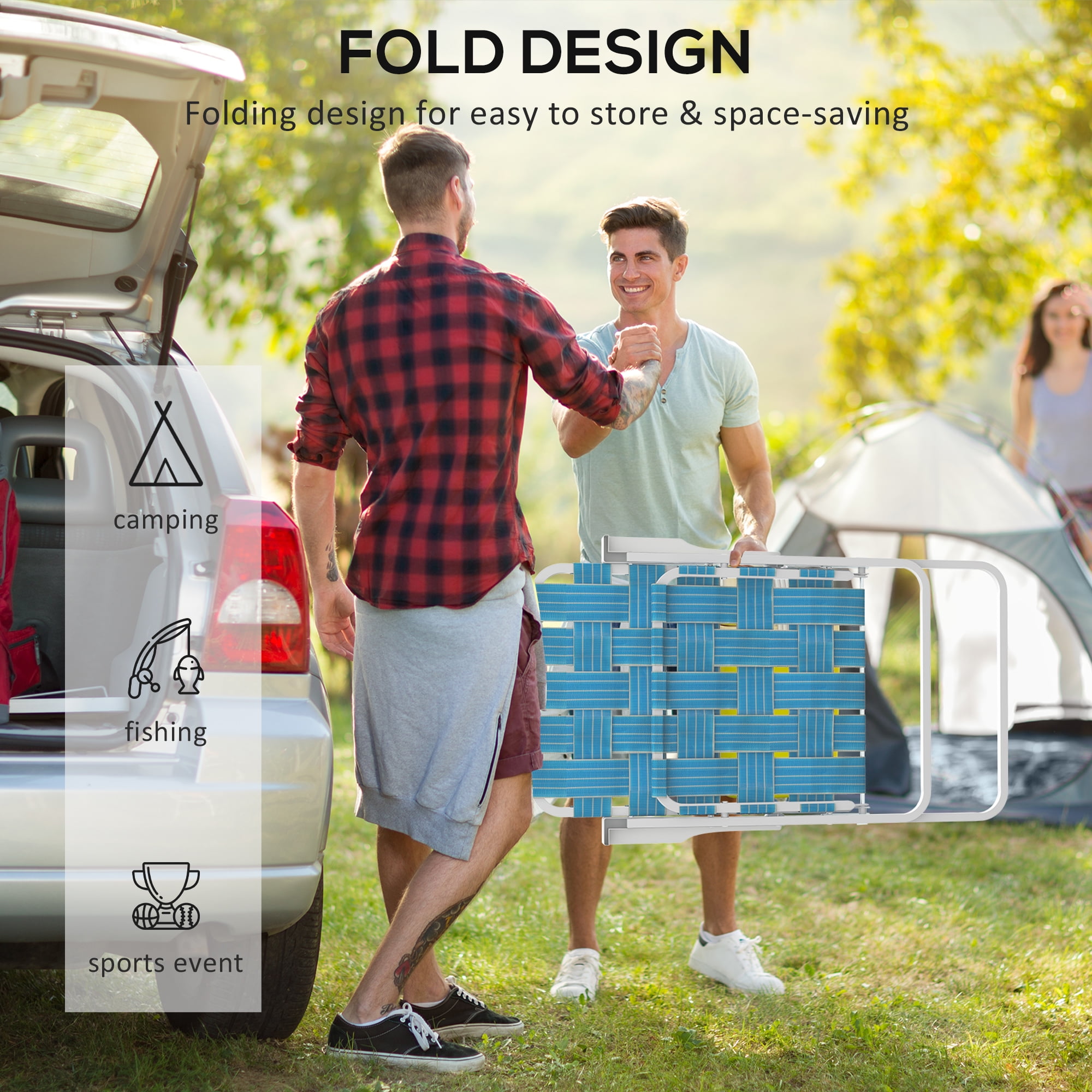 Set of 2 Patio Folding Chairs, Classic Outdoor Camping Chairs, Portable Lawn Chairs for Camping, Garden, Pool, Beach, Backyard w/ Armrests, Blue