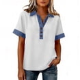 thumbnail image 5 of Denim Collared Shirt Women Short Sleeve Patchwork Denim Button Casual Shirts Business Casual Work Tops Summer Outfits White S, 5 of 5