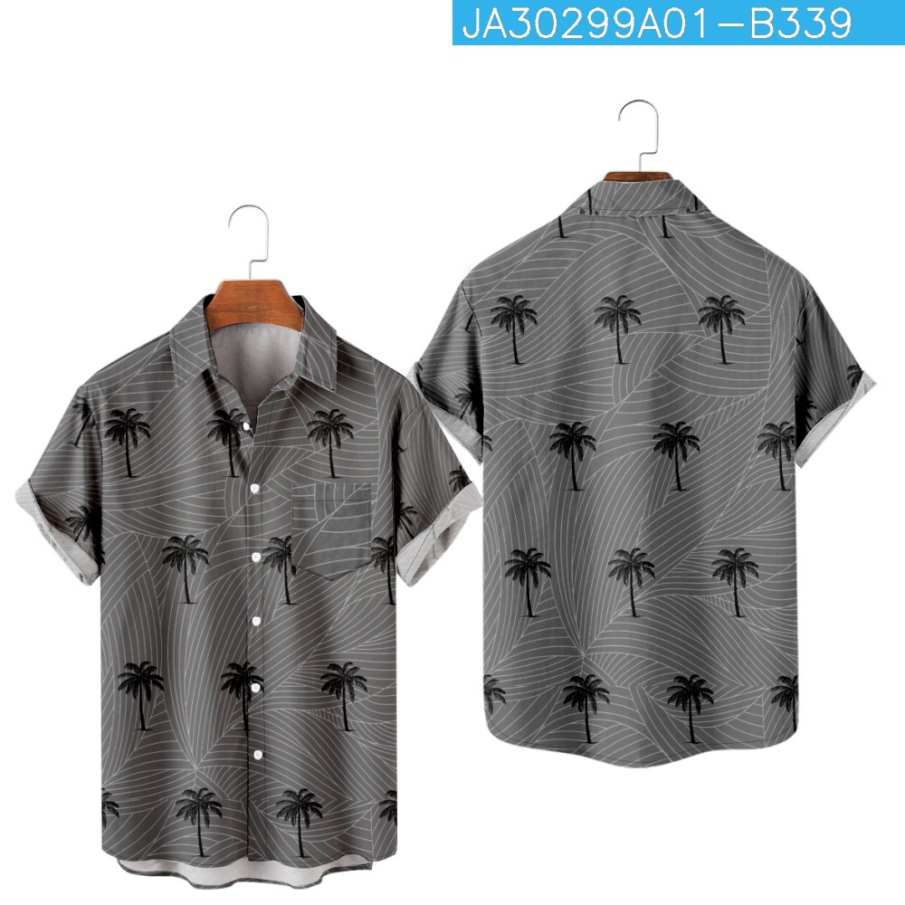 Coconut element Hawaiian loose shirt-sleeved pocket shirt men's top ...