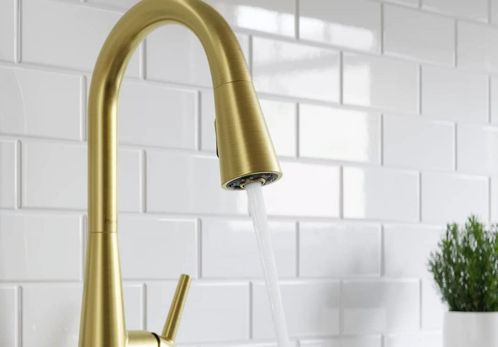 Pfister Barullli Single Handle Pull Down Sprayer Kitchen Faucet with Deckplate Included and Soap Dispenser in Brushed Gold