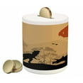thumbnail image 1 of Dinosaur Piggy Bank, Silhouettes of Prehistoric Animals Wilderness Landscape Abstract Sun, Ceramic Coin Bank Money Box for Cash Saving, 3.6" X 3.2", Pale Brown Orange Black, by Ambesonne, 1 of 4