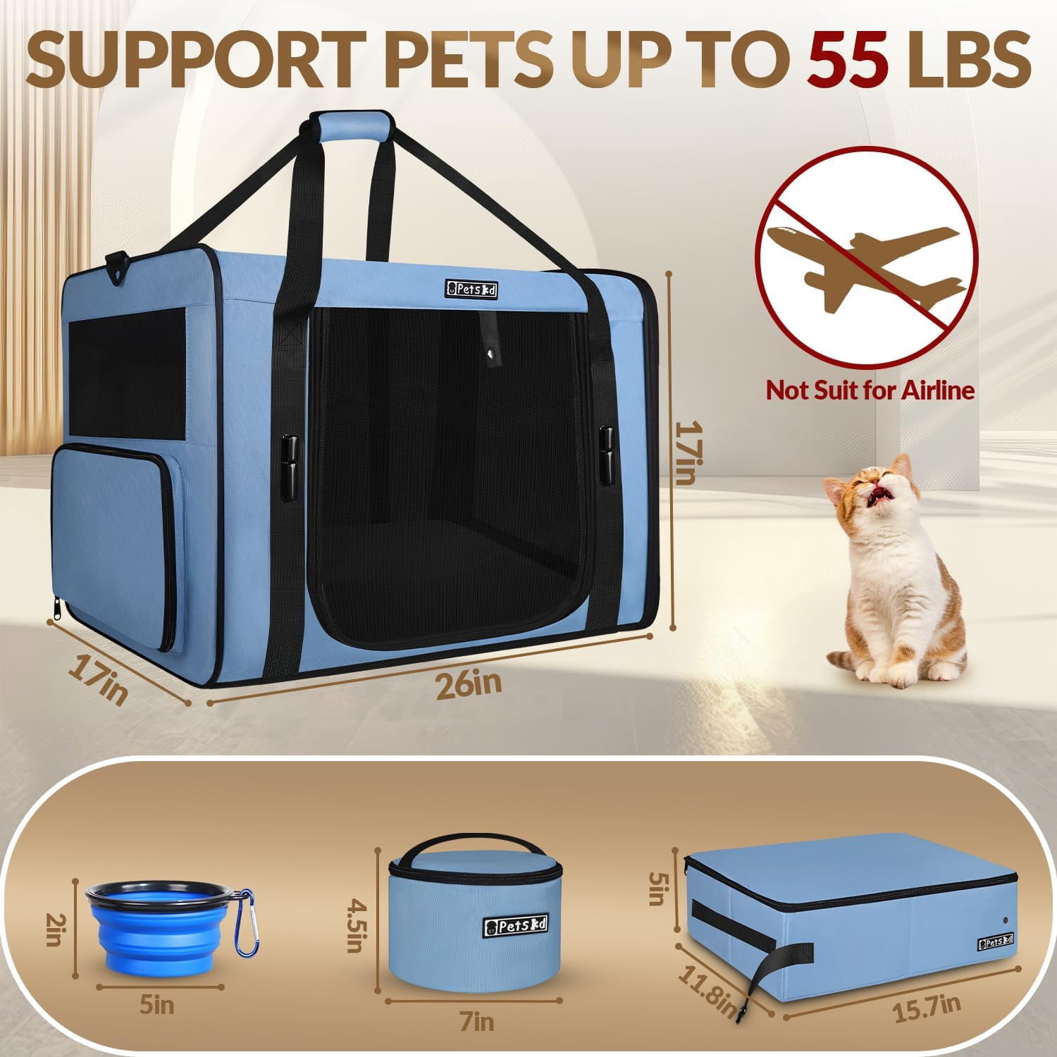 Large   with Litter Box for Car Travel, Soft Sided  for Cats  to 55lbs, Collapsible Dog Crate with  Belt Buckles and Locking Zippers (Blue)