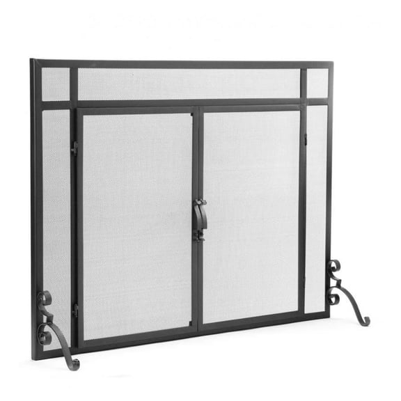Plow & Hearth Metal Fireplace Screen Mesh Black | 44" W x 33" H | Dual Magnetic Hinged Doors | Spark Guard Cover