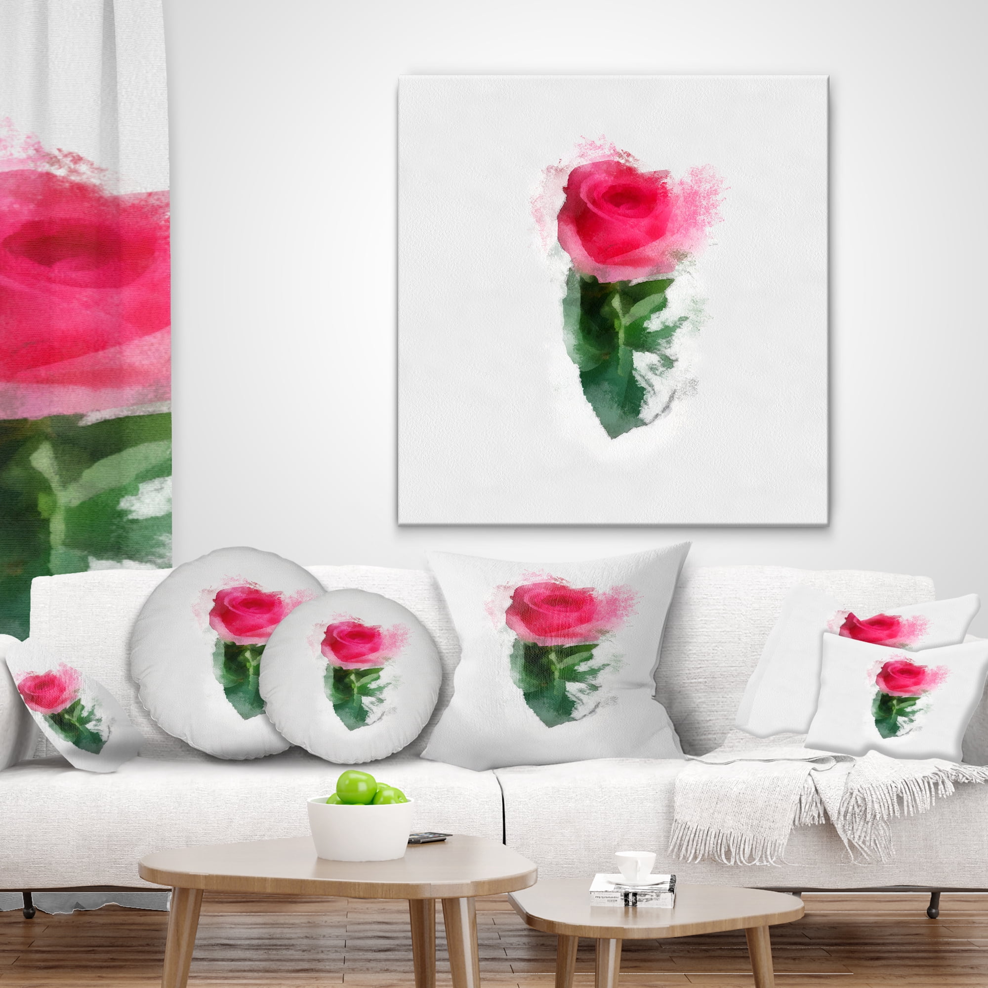 Designart Beautiful Rose with Leaves Drawing - Floral Throw Pillow - 18x18