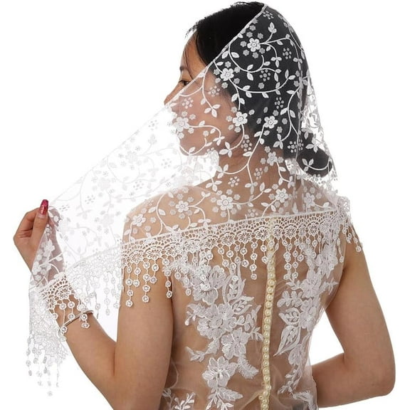 Wedding Church Veils Floral Triangle Mantilla Veil Mass Cathedral Tassel Head Covering Shawl for Women