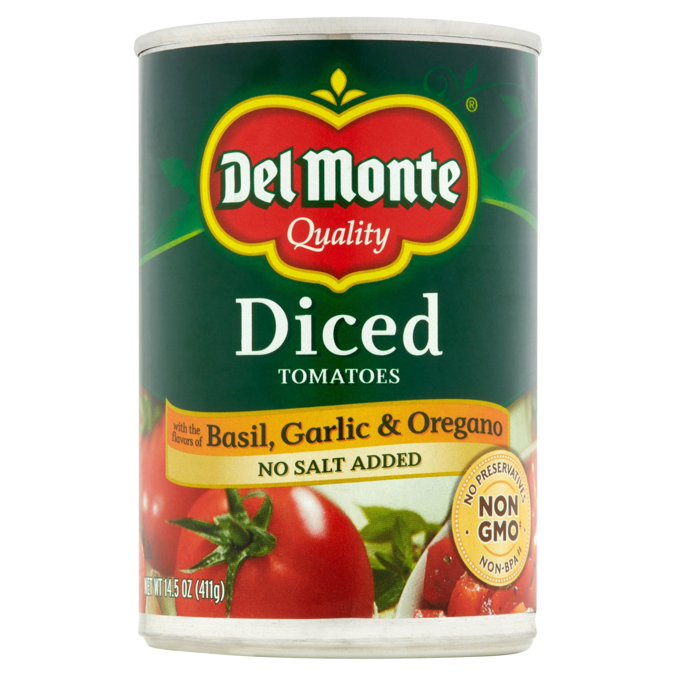 Del Monte Diced Tomatoes Basil Garlic, No Salt, 14.5 oz