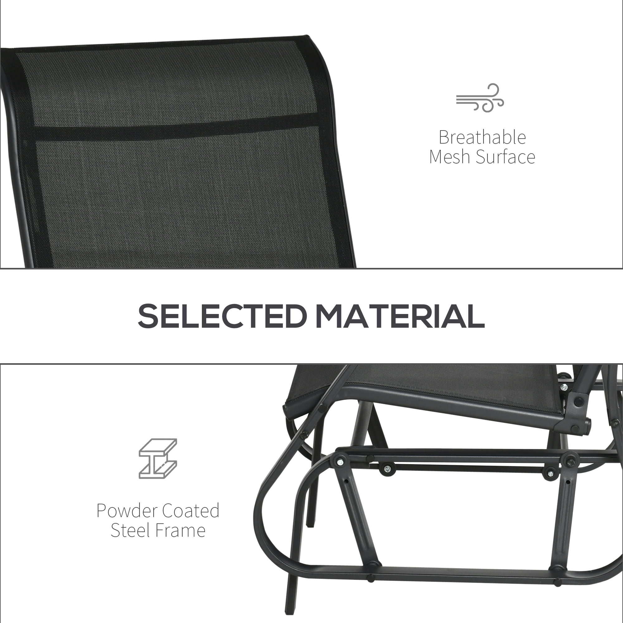 Outsunny 4 Pieces Gliders Set, Outdoor Furniture Sets with 2-Person Glider Patio Bench, Single Sling Chair and Glass Coffee Table, Black