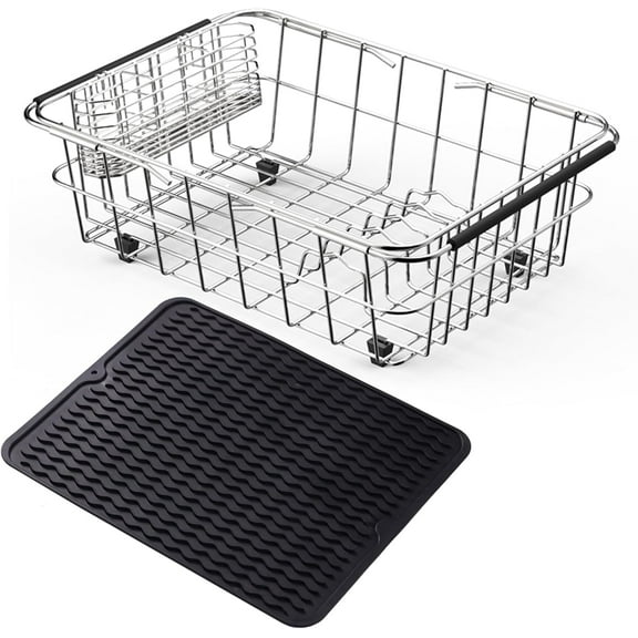 Stainless Steel Dish Drying Rack(15.2"L X 11"W X 5.3"H), Expandable Fruit & Vegetable Drain Rack over Sink, Dish Drainer Rack in Sink, with Stainless Steel Utensil Holder & Silicone Mat(16")