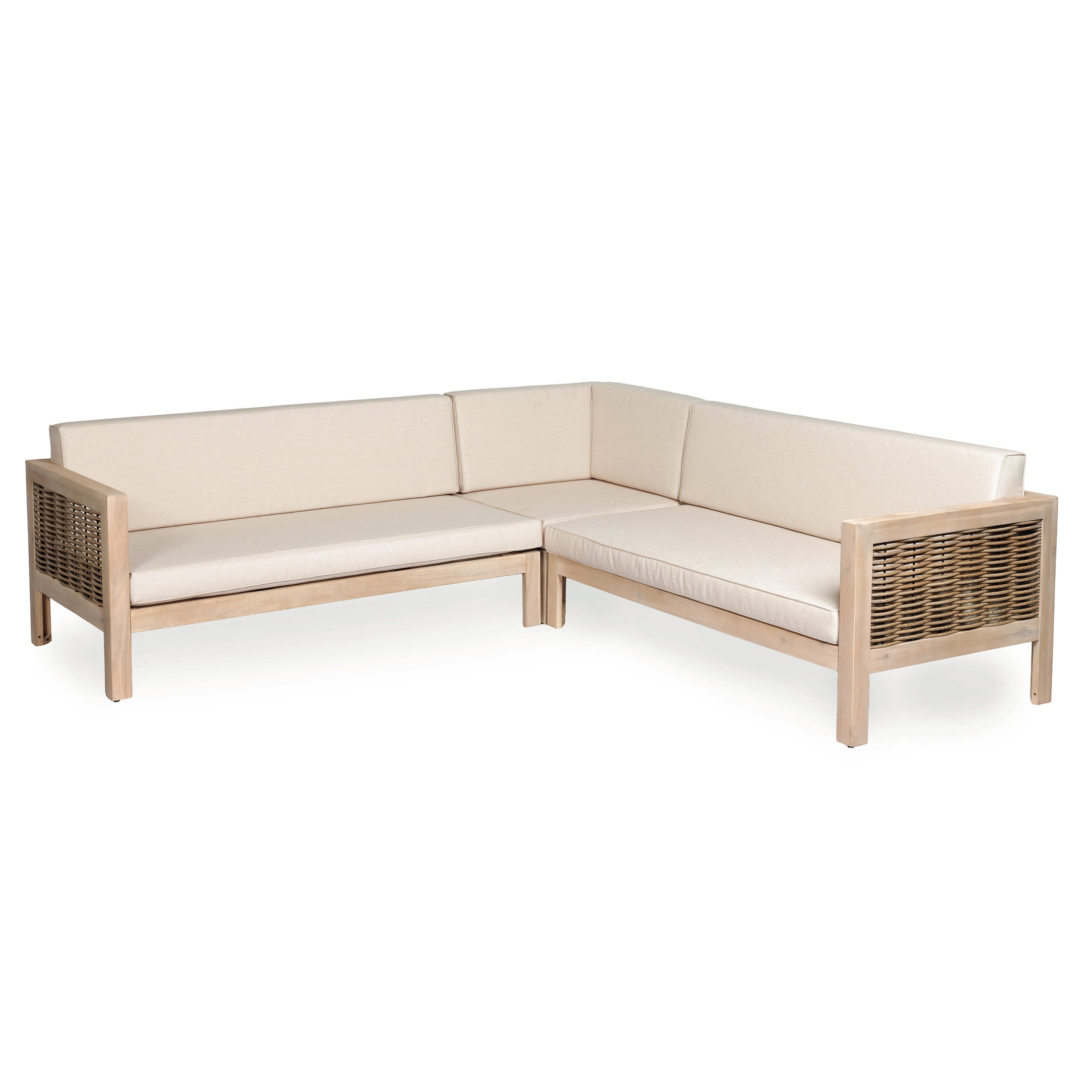 Christopher Knight Home Acacia Wood 5-Seater L Shaped Sectional Sofa Set, Wicker Accents, Sand+Light White