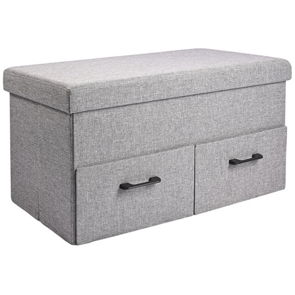 31 Inches Folding Storage Ottoman with 2 Drawer, Storage Ottoman Bench Chest Foot Rest Stool, Grey