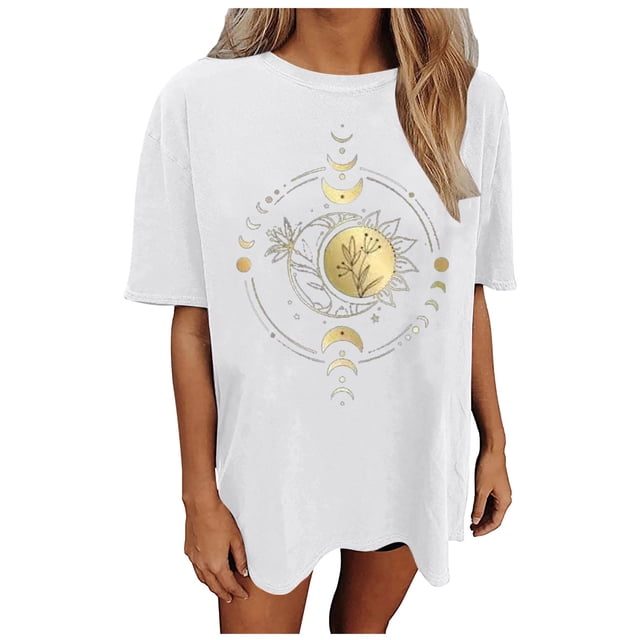 TSADFHJI Hauts d'Hiver pour Femmes 1X Mode Décontractée Imprimé Col Rond Manches Courtes T-Shirt TG Jaune