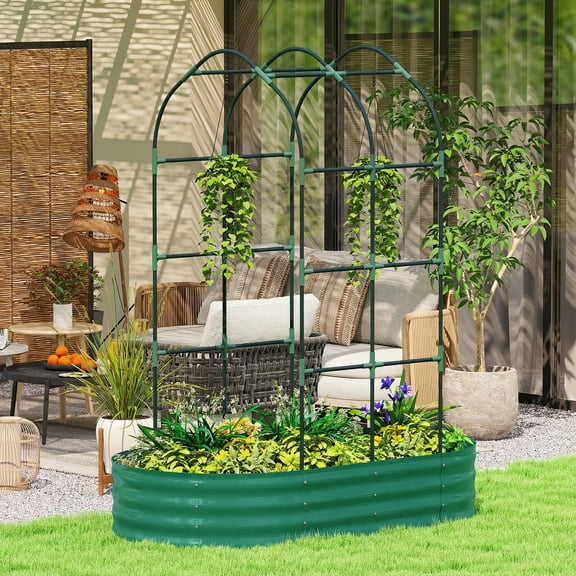 Outsunny Galvanised Raised Garden Bed with Arched Trellis, 5 x 3 x 6ft Metal Outdoor Planter Box with Open Bottom and Gloves, Green