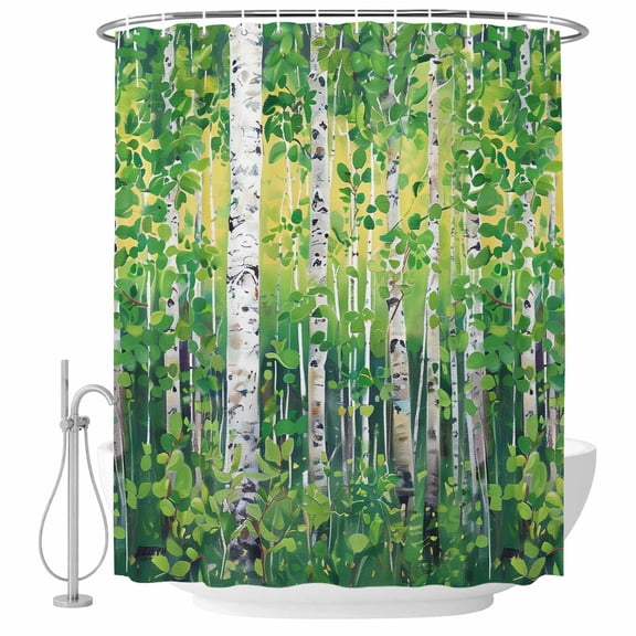 Green Forest Plant Fabric Shower Curtain Tree Illustration Washable Shower Curtains for Bathroom, Waterproof Bath Curtain with Hooks Home Decor 72x72in