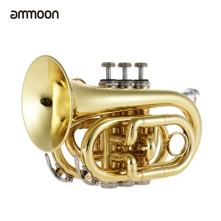 ammoon Mini Pocket Trumpet Bb Flat Brass Wind Instrument with Mouthpiece Gloves Cleaning Cloth Carrying