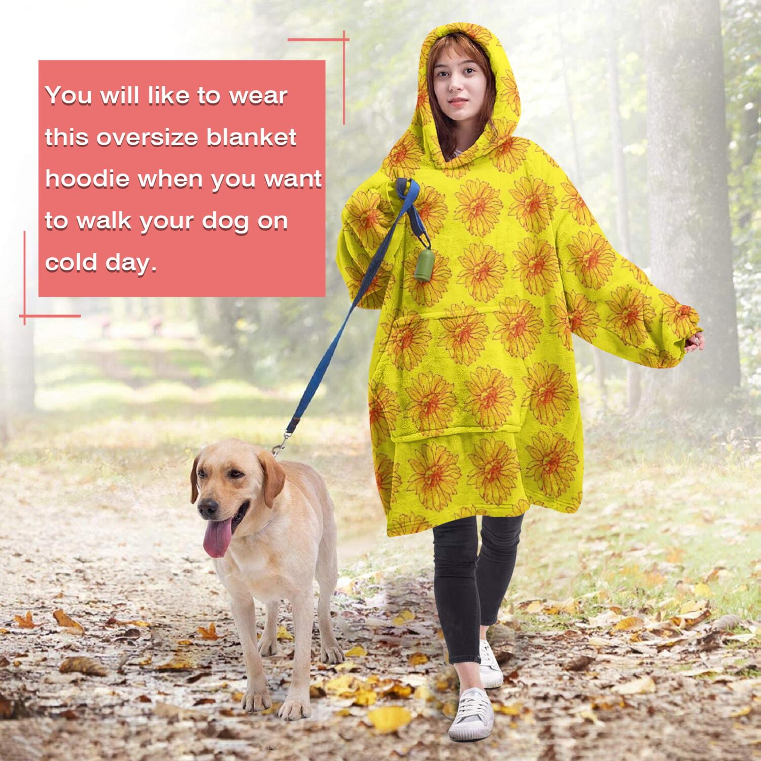 Yellow Sunflower Flower Pattern Wearable Oversized Blanket,Wearable Blanket Hoodie for Adults,Cozy Hooded Blankets with Super Pockets,Super Warm Fuzzy Pullover for Women & Men