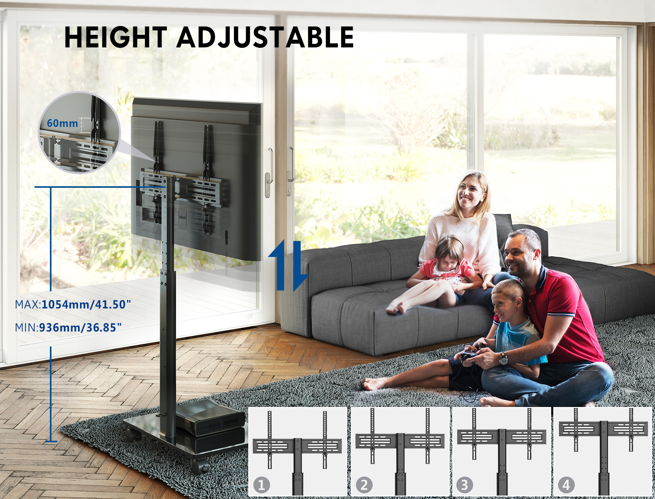 FITUEYES  Swivel Modern Rolling TV Stand Mobile TV Cart with Wheels Holds up to 65 inch TV,with Tempered Glass Base and Safety Hooks