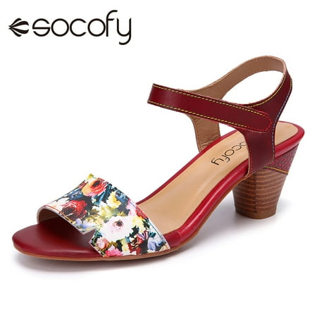

SOCOFY Flower Printed Ankle Strap Cowhide Leather Comfy Wearable Hook Loop Chunky Heel Sandals