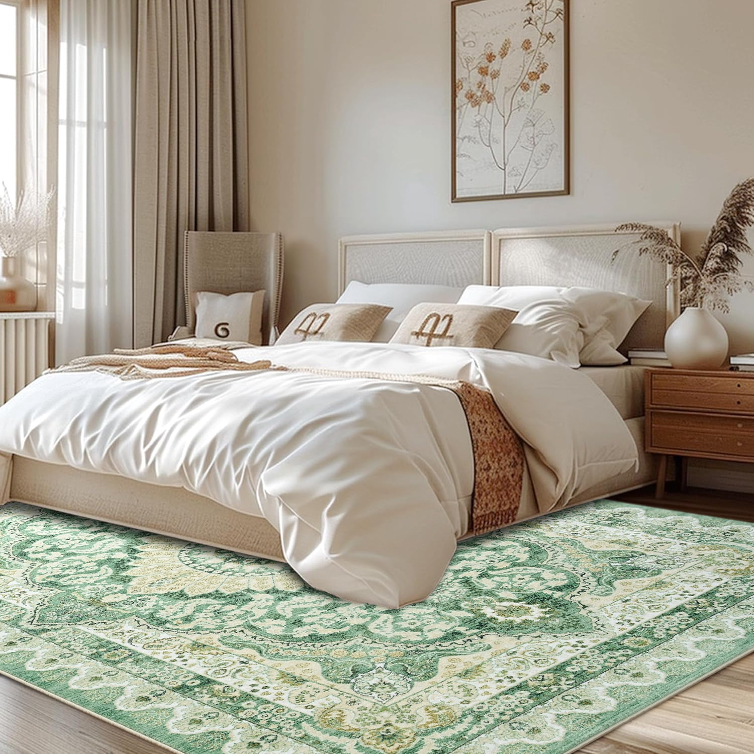 Ultrug Vintage Floral Print Rugs Soft Boho Carpet Retro Distressed Area Rug for Living Room Bedroom Home Decor,4'x6',Green
