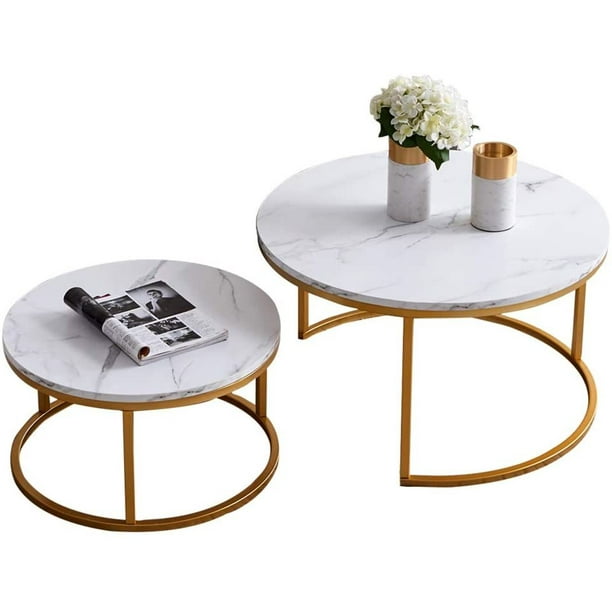 Round Nesting Coffee Tables Set Of 2 Wooden Desktop With Marble Texture End For Living Room Modern Side Table Solid Metal Frame Small Space Com Round Nesting Coffee Tables Set Of 2, Nesting Coffee Table Round