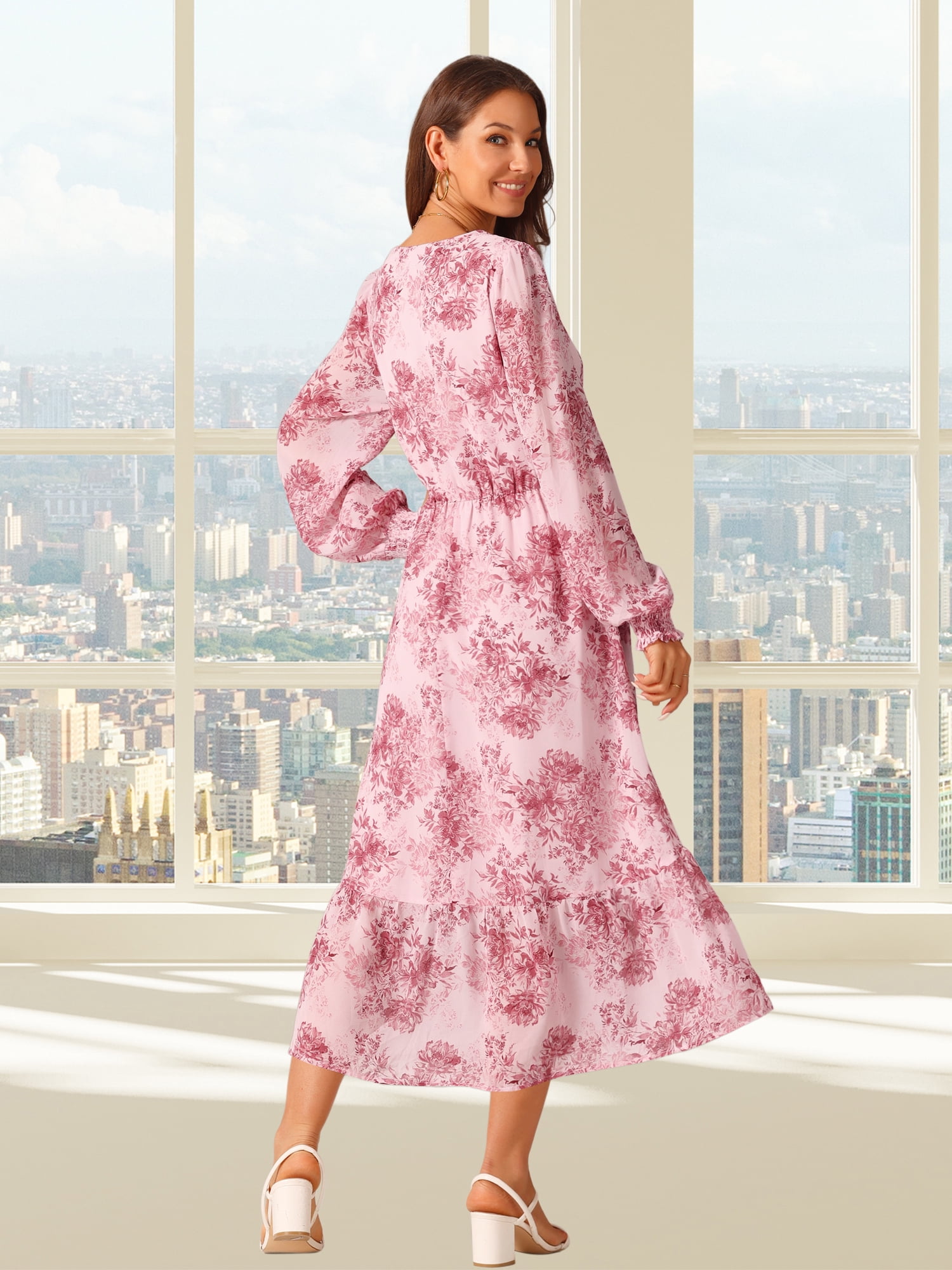 DARING DIVA Long Sleeve Floral V Neck Boho Chiffon Midi Dress L Pink