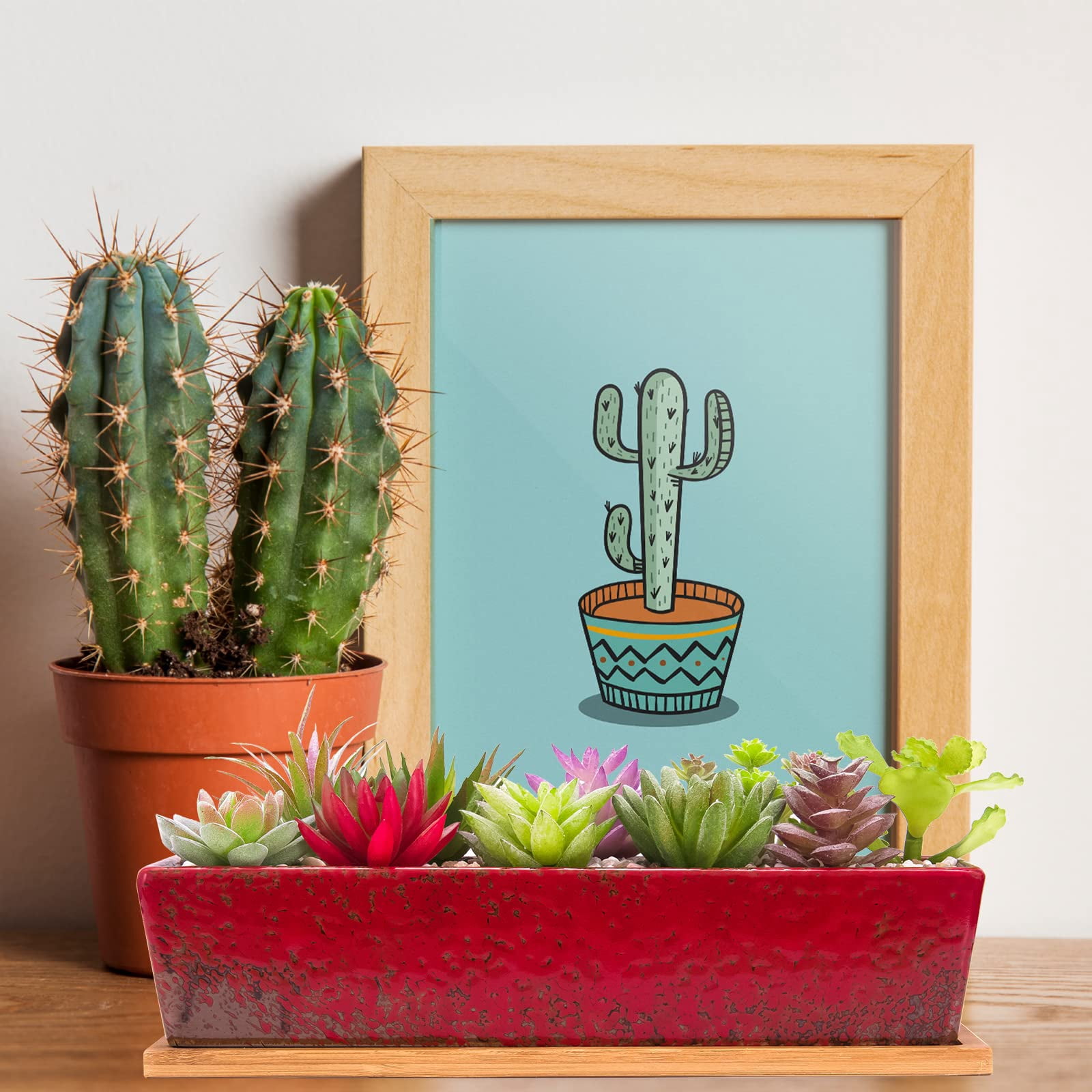 Succulent Planter Pots Large Rectangular Ceramic Cactus Flower Pot with Drainage and Bamboo Tray 12 Inch Shallow Bonsai Window Box for Home Garden Decor