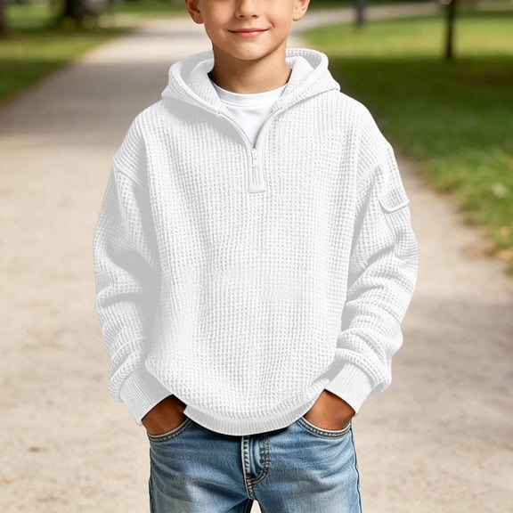 HomeDM Quarter Zip Sweatshirt for Boys Waffle Knit Pullover Hooded Casual Long Sleeve with Pocket