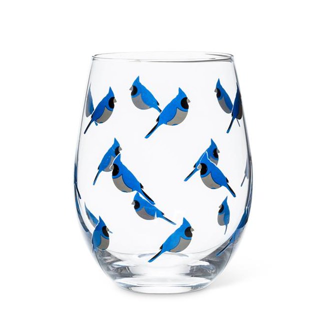5 in. Blue Jay Stemless Wine Glass, Clear & Blue
