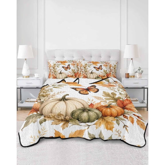 Quilts Queen Size, Pumpkins Fall Soft Comforter Bedding Set for Bed, Thanksgiving Butterfly Leaves Berry Lightweight Quilted Bedspread with Pillow Cover(2 Pieces) for All Season, 90x96 Inch