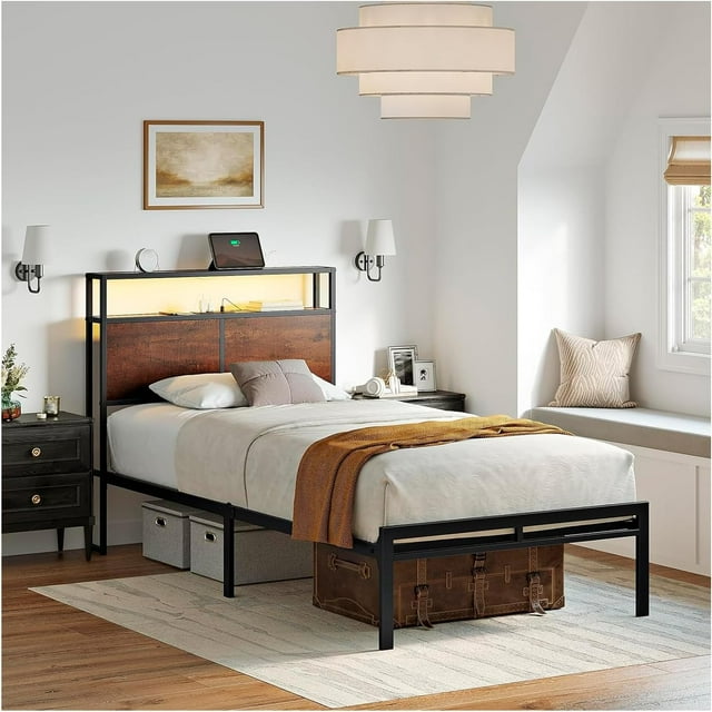 Cama Individual FABATO con Cabecera y Luces LED con espacio de almacenamiento 10.4 pulgadas