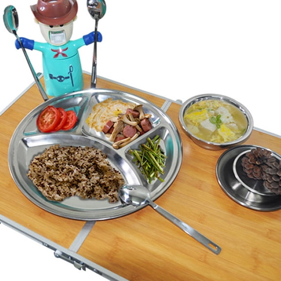 WHAMVOX Stainless Steel Round Divided Plate for Home Use Healthy and Safe Food Grade Silver 32cm