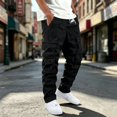 thumbnail image 2 of Men Cargo Pants Straight Leg Multi Pocket Casual Trousers Drawstring Waist Relaxed Fit,29,Black, 2 of 4