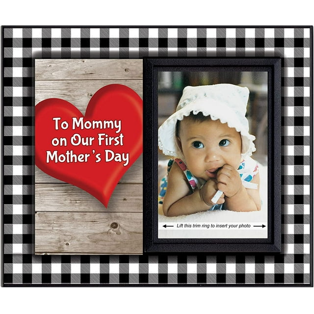 for First Time Mom | 1st Mothers Day Frame to Mommy on Our First Mother's Day Picture Frame | Holds 3.5” x 5” Photo | Boy or Girl Nursery Decor | Black & White Buffalo Plaid